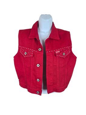 Vintage 90s Red Denim Vest Rhinestone Pockets Womens S Cropped Western